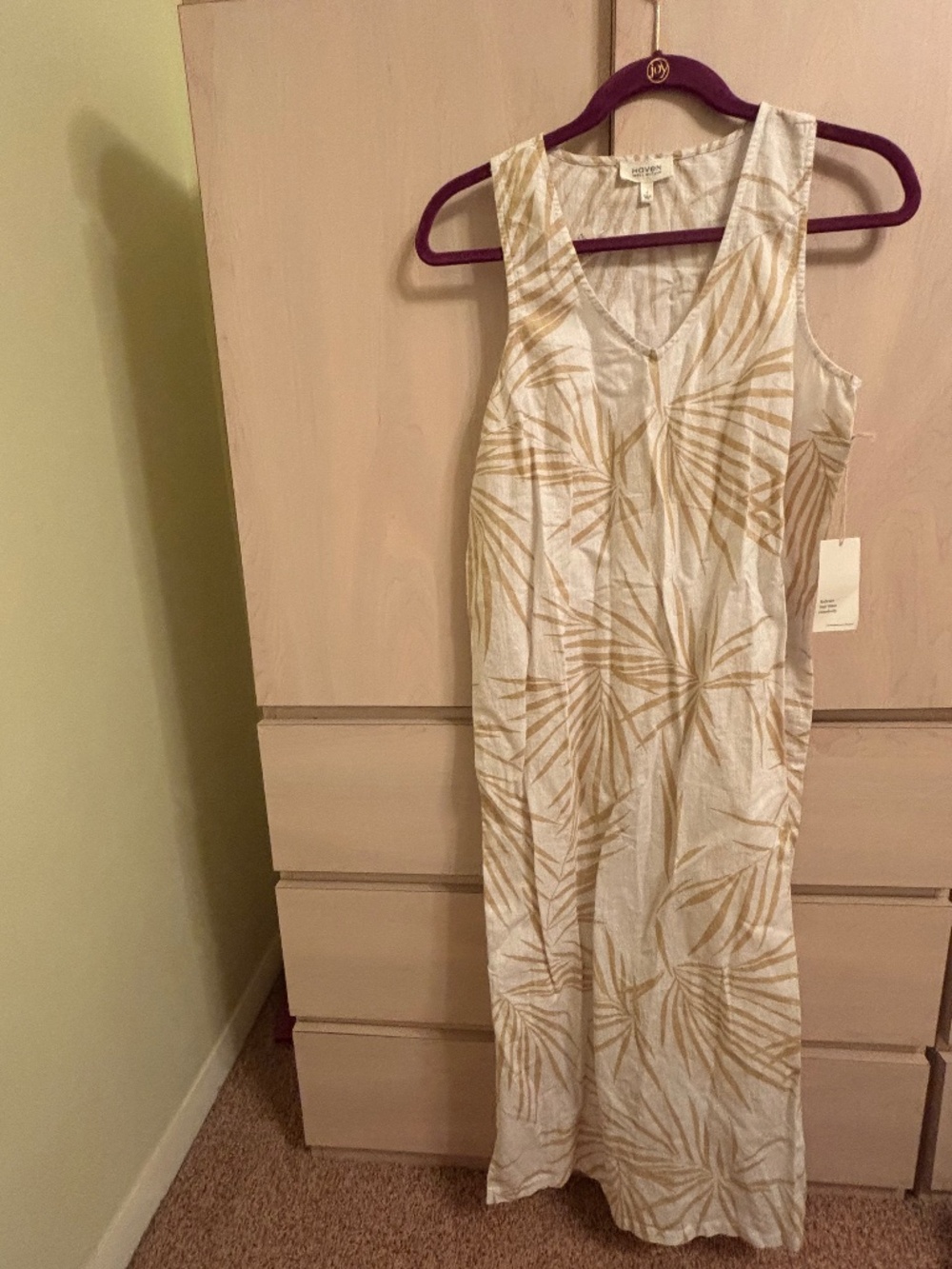 New Haven Well Within White and Taupe Palm Print Sleeveless Organic Linen Dress